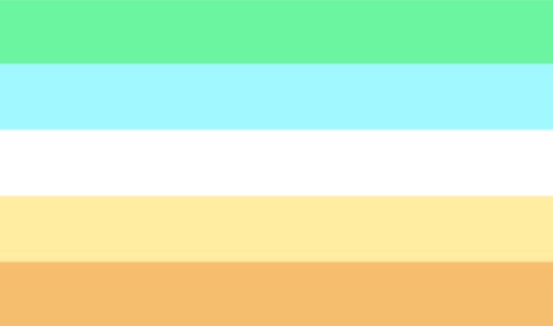 neopronoun flag, with five horizontal stripes, top to bottom:  light green, light blue, white, light orange, orange.